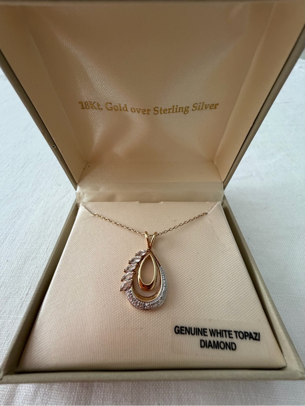 18Kt Gold Over Sterling Silver White Topaz Teardrop Necklace - Gold Tone
